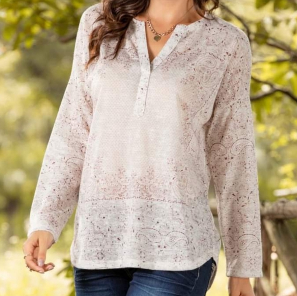 Weekend Suzanne Betro Ivory Long sleeve top with burgundy Paisley Design